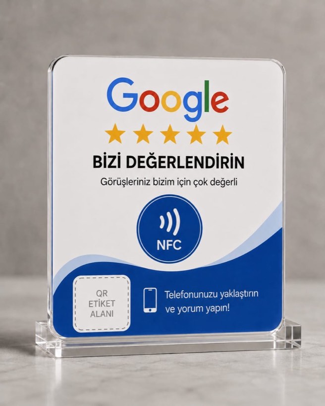 Google Review Card — stantlı model, mavi-beyaz tasarım