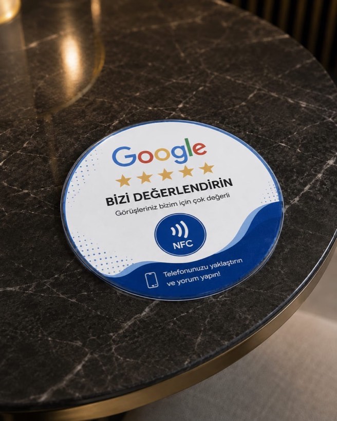 Google Review Card — yuvarlak masa kartı, mavi tasarım
